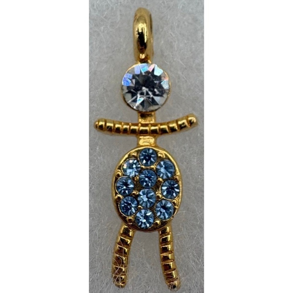 Vintage Gold Tone Stick Figure Pendant with Blue Rhinestones Whimsical Design